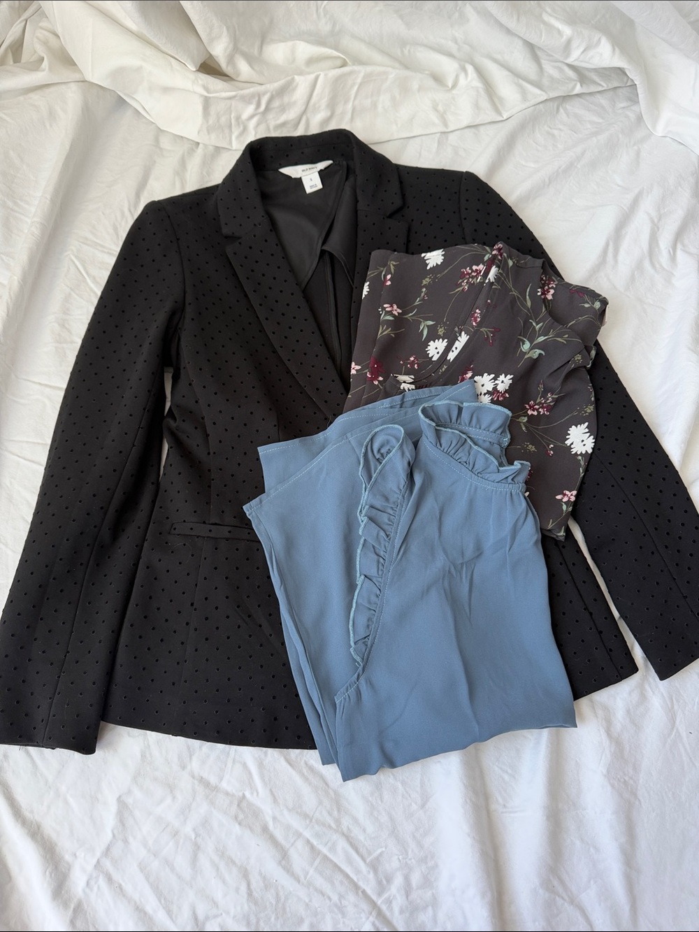 Old Navy Black Perforated Blazer with loft and shein sleeveless blouses